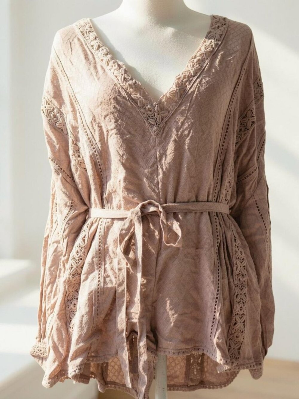Free People I Mean It Rober Romper Playsuit Crochet Belt Tie Pink